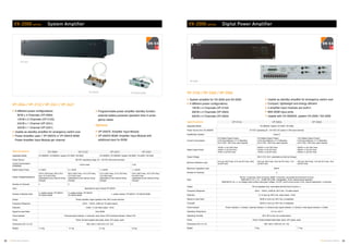 23 24TOA Voice Alarm Systems TOA Voice Alarm Systems
VP-2421
VP-200VX
VP-3304
VX-2000 series System Amplifier
Options
Programmable power amplifier standby function
extends battery-powered operation time in emer-
gency cases
VP-200VX: Amplifier Input Module
VP-200VX-BGM: Amplifier Input Module with
additional input for BGM
VP-2064 / VP-2122 / VP-2241 / VP-2421
4 different power configurations:
60 W x 4 Channels (VP-2064)
120 W x 2 Channels (VP-2122)
240 W x 1 Channel (VP-2241)
420 W x 1 Channel (VP-2421)
Usable as standby amplifier for emergency switch over
Power Amplifier uses 1 VP-200VX or VP-200VX-BGM
Power Amplifier Input Module per channel
Specifications VP-2064 VP-2122
Applicable Model VX-2000DS, VX-3000DS, System VX-2000 / SX-2000 VX-2000DS, VX-3000DS, System VM-3000 / VX-2000 / SX-2000
Power Source 28 V DC (operating range: 20 – 40 V DC) M4 screw terminal
Current Consumption
(EN60065)
4.8 A in total 7.6 A
Rated Output Power 4 x 60 W 2 x 120 W 1 x 240 W 1 x 420 W
Output Voltage/Impedance
167 Ω (100 V line), 83 Ω (70 V
line), 41 Ω (50 V line)
(selectable by the internal wiring
change)
83 Ω (100 V line), 41 Ω (70 V line),
21 Ω (50 V line)
(selectable by the internal wiring
change)
41 Ω (100 V line), 21 Ω (70 V line),
10 Ω (50 V line)
(selectable by the internal wiring
change)
24 Ω (100 V line), 12 Ω (70 V line),
6 Ω (50 V line)
(selectable by the internal wiring
change)
Number of Channels 4 2 1
Input Specified by input module VP-200VX
Number of Module Slots
4, usable module: VP-200VX /
VP-200VX-BGM
2, usable module: VP-200VX /
VP-200VX-BGM
1, usable module: VP-200VX / VP-200VX-BGM
Output Power amplifier output (speaker line): M3.5 screw terminal
Frequency Response 40 Hz – 16 kHz, ±3 dB (at 1/3 rated output)
Distortion Under 1 % (at rated output, 1 kHz)
Signal-to-noise Ratio Over 80 dB
Panel Indicator Channel power indicator: 4 channels, dual Colour LED Overheat indicator: Yellow LED
Finish Panel: Surface-treated steel plate, black, 30 % gloss, paint
Dimensions (W x H x D) 482 x 88.4 x 340.5 mm (19”, 2U)
Weight 11.2 kg 9.1 kg 8.1 kg 9.5 kg
VP-2241 VP-2421
System amplifier for VX-2000 and SX-2000
3 different power configurations:
150 W x 4 Channels (VP-3154)
300 W x 4 Channels (VP-3304)
500 W x 4 Channels (VP-3504)
Usable as standby amplifier for emergency switch over
Compact, lightweight and energy efficient
4 amplifier input modules are built-in
With BGM input ports
Usable with VX-3000DS, system VX-2000 / SX-2000
VX-2000 series Digital Power Amplifier
VP-3154 / VP-3304 / VP-3504
Specifications VP-3154 VP-3304 VP-3504
Applicable Model VX-3000DS, System VX-2000 / SX-2000
Power Source from VX-3000DS 31 V DC (operating 20 – 34 V DC) DC power in: M4 screw terminal
Amplification System Class D
Current Consumption
6 A (Rated Output Power),
0.6 A (Surveillance), 0.1 A (Standby),
at 31 V DC, 100 V line, each channel
9 A (Rated Output Power),
0.6 A (Surveillance), 0.1 A (Standby)
at 31 V DC, 100 V line, each channel
13 A (Rated Output Power),
0.6 A (Surveillance), 0.1 A (Standby)
at 31 V DC, 100 V line, each channel
Rated Output Power
150 W x 4 (at 100 V line)
105 W x 4 (at 70 V line)
75 W x 4 (at 50 V line)
300 W x 4 (at 100 V line)
210 W x 4 (at 70 V line)
150 W x 4 (at 50 V line)
500 W x 4 (at 100 V line)
350 W x 4 (at 70 V line)
250 W x 4 (at 50 V line)
Output Voltage 100 V (70 V, 50 V: selectable by internal change)
Minimum Resistive Load
67 Ω (at 100 V line), 47 Ω (at 70 V line), 33 Ω
(at 50 V line)
33 Ω (at 100 V line), 23 Ω (at 70 V line), 17 Ω
(at 50 V line)
20 Ω (at 100 V line), 14 Ω (at 70 V line), 10 Ω
(at 50 V line)
Maximum Capacitive Load 500 nF
Number of Channels 4
Input
PA link: 4 channels, RJ45 connector, BGM: 4 channels, removable terminal block (5 pins)
BGM INPUT (H, C, E): -10 dB/0 dB (LINE, changeable), 22 kΩ, electronically balanced
BGM MUTE (G, +): no-voltage make contact input,open voltage: 15 V DC, short-circuit current: 2 mA, Volume adjustment: 4 channels
Output PA out (speaker line): removable terminal block (9 pins) x 1
Frequency Response 40 Hz – 16 kHz, ±3 dB (at 100 V line, 1/3 rated output)
Distortion 1 % or less (at 100 V line, rated output, 1 kHz)
Signal-to-noise Ratio 80 dB or more (at 100 V line, A-weighted)
Crosstalk 60 dB or more (at 100 V line, A-weighted)
Panel Indicator Power indicator x 4 (Green), Operate indicator x 4 (Green),Input signal indicator x 4 (Green), Peak signal indicator x 4 (Red)
Operating Temperature -5 °C to +45 °C
Operating Humidity 90 % RH or less (no condensation)
Finish Panel: Surface-treated steel plate, black, 30 % gloss, paint
Dimensions (W x H x D) 482 x 88.4 x 390 mm (19”, 2U)
Weight 7.3 kg 7.7 kg
VP-200VX-BGM
 