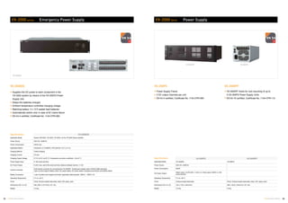 25 26TOA Voice Alarm Systems TOA Voice Alarm Systems
VX-2000DS
VX-200PSVX-2000PF
VX-2000 Serie Power Supply
VX-2000DS
VX-2000 series Emergency Power Supply
Specifications
Applicable Model System VM-3000 / VX-2000 / SX-2000, not the VP-3000 Series amplifier
Power Source 230 V AC, 50/60 Hz
Power Consumption 240 W max.
Applicable Battery Panasonic LC-X1265PG / APG (65 Ah) (12 V x 2 or 4)
Charging Method Trickle charging
Charging Current 5 A max
Charging Output Voltage 27.3 V ±0.3 V (at 25 ˚C) Temperature correction coefficient: -40 mV/ ˚C
Power Supply Input 6 / M4 screw terminal
DC Power Output 6 (25 A max. each) M4 screw terminal, distance between barriers: 11 mm
Control Connector
RJ45 female connector for connecting the VX-2000SF. Twisted-pair straight cable (TIA/EIA-568A standard)
Type of control signal: Battery check, AC power status, DC power status, charging circuit failure, and battery failure
Battery Connection 1 pair of positive and negative terminals, applicable cable diameter: AWG 6 – AWG 0 1/0
Operating Temperature 0 ˚C to +40 ˚C
Finish Panel: Surface-treated steel plate, black, 30% gloss, paint
Dimensions (W x H x D) 482 x 88.4 x 377.6 mm (19”, 2U)
Weight 10.5 kg
VX-2000DS
Supplies the DC power to each component in the
VX-2000 system by means of the VX-200PS Power
Supply Unit
Keeps the batteries charged
Ambient temperature controlled charging voltage
Matching battery: 2 x 12 V sealed lead batteries
Automatically switch-over in case of AC mains failure
EN 54-4 certified, Certificate No: 1134-CPR-083
VX-2000PF
VX-2000PF frame for rack mounting of up to
3 VX-200PS Power Supply Units
EN 54-16 certified, Certificate No: 1134-CPR-110
VX-200PS
Power Supply Frame
2 DC output channels per unit
EN 54-4 certified, Certificate No: 1134-CPR-083
Specifications
Applicable Model VX-2000DS VX-200PS
Power Source 230 V AC, 50/60 Hz -
Power Consumption 580 W -
DC Power Output
Rated output: 210 W (29 V, 7.25 A) x 2, Peak output: 400 W x 2, M4
screw terminal
-
Operating Temperature 0 ˚C to +40 ˚C -
Finish Surface-treated steel plate Panel: Surface-treated steel plate, black, 30 % gloss, paint
Dimensions (W x H x D) 135 x 118.2 x 324.8 mm 483 x 132.6 x 324.8 mm (19”, 3U)
Weight 13.2 kg 5.5 kg
VX-200PS VX-2000PF
 