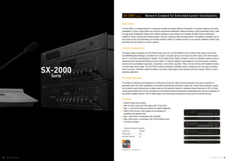 38TOA Voice Alarm Systems
SX-2000
Serie
SX-2000 series Network Enabled for Extended System Installations
Description
The SX-2000 is a scalable system for configuring versatile and highly effective PA systems. The system features new matrix
capabilities, so that a single system can have its components distributed in different locations under centralized control. Ideal
for large scale installations ranging from multiple buildings to local systems, the versatile SX-2000 Series is particularly
suitable for using in airports and railway stations, factories, shopping malls and large offices. The system's versatility such as
dual power source and redundancy for fail-safe operation makes it a reliable solution for any specific installation without long
lead times and the expense of custom systems.
System Configuration
The basic system comprises one SX-2100AI Audio Input Unit, one SX-2000AO or SX-2100AO Audio Output Unit and the
SX-2000SM System Manager. It enables from 2 inputs / 8 outputs right up to 64 inputs and 256 outputs, with further expan-
sion to 1,416 control inputs/outputs if needed. The SX-2000 Series makes it simple to control an expanded system by use of
networking with commercial switching hub and cables, IP Intercom Network audio adaptor(s) can also be used. It features
functions such as feedback suppressor, compressor / auto-leveler, equalizer / filters, and auto mixing (with feedback ducker)
to ensure high sound quality. The SX-2100AI modular construction simplifies system configuration as only plug-in modules
have to be used. Therefore it allows flexibility of use with a wide range of input devices such as CD player, FM etc. to suit a
particular application.
Fail-Safe Operation
The system is featuring a self-diagnosis to continuously monitor the status as well as speaker lines and connections. It
generates alerts and email notifications to the system administrator along with a failure log. Power failure protection is given
by two power supply channels plus a battery back-up that keeps the system in operation without requiring an UPS. An addi-
tional analog backup line from the microphone to the amplifier allows simultaneous broadcasting even during a breakdown of
the system's digital functions. The SX-2000 system can be password-protected and key locked at external devices.
Features
Network-base sound system
Max. 64 audio inputs and 256 outputs with 16 bus lines
Max. 1,416 control inputs and outputs for system integration
Built-in DSP function, event logger and surveillance of
amplifiers and speaker lines
Max 1,536 zones in combination with VM-3000
Max 2,048 zones in combination with TOA’s N-8000 series
IP Intercom System
Maximum System Capacity
Output Power 128,000 W
Speaker Zones 256
Remote Mic connection 64
Certificate No: 1134-CPR-102
37 TOA Voice Alarm Systems
 