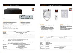 15 16TOA Voice Alarm Systems TOA Voice Alarm Systems
VM-3360E
VM-3000 series Extension Amplifier
VM-3240E / VM-3360E
System management amplifier can be expanded by
connecting up to 9 extension amplifiers
2 models available: 240 W or 360 W
6 speaker line outputs
8 control inputs and 8 control outputs for general purpose
6 control inputs for emergency purpose and 3 control
outputs for status information
Connection to system management amplifier via VM Link
Options
VM-3240VA: 240 W System Amplifier
VM-3360VA: 360 W System Amplifier
IT-450: Input Transformer
VM-300SV: Pilot Tone Detection Module
Specifications VM-3240E VM-3360E
Applicable Model VM-3240VA, VM-3360VA, VP-2241, VP-2421, VX-2000DS
Power Requirement 230 V AC, 50 / 60 Hz
Power Consumption (AC mains) 600 W (with rated output signal), 260 W (according to EN 60065) 850 W (with rated output signal), 380 W (according to EN 60065)
Rated Output 240 W 360 W
Frequency Response 50 Hz – 20 kHz ±3 dB (at 1/3 rated output)
Distortion Under 0.7 % (at rated output, 1kHz)
Signal-to-Noise Ratio Over 85 dB
Inputs
External amplifier Input: 100 V Line removable terminal block (14 pins)
Local input -50 dB (Mic) / -10 dB (Line), 600  Ω / electronically balanced, removable terminal block (14 x 2 pins)
Outputs
Speaker output 1 – 6: Total within rated output, removable terminal block (14 pins)
Direct output from internal or external amplifier, removable terminal block (16 pins)
Control
Input 1 – 8: No-Voltage make contact input, open voltage: 24 V DC, short-circuit current: under 2 mA, removable terminal block (14 pins)
Ouput 1 – 8: Isolated open collector output, withstand voltage: 30 V DC, operating current: under 10 mA, removable terminal block (14 pins)
Emergency Control
Input 1 – 5: No-Voltage make contact input, open voltage : 24 V DC, short-circuit current: under 2 mA, 		
female connector RJ45
Input 6: Isolated voltage input: Inactive; -24 V ± 20 % / Active; +24 V ±20 %, RJ45 female connector
Status out: Relay contact output, withstand voltage: 40 V DC, operating current:
2 – 300 mA, RJ45 female connector
Regulated Voltage Output 24 V DC, maximum feeding current 0.3 A
Finish Panel: Surface-treated steel plate, black, 30 % gloss, paint
Dimensions (W x H x D) 482 x 132.6 x 407 mm (19”, 3U)
Weight 16.5 kg 19 kg
VM-3000 series Emergency Remote Microphone
RM-300MF
Exclusively for broadcasts made by firemen in emer-
gency situations
For activation of emergency mode, start and stop
automatic broadcasts of emergency announcements,
reset emergency signals, and live microphone an-
nouncements
CPU-switch for emergency broadcast to all zones
even in case of a CPU error
20 function buttons per extension unit
System software allows assigning of functions
to the individual keys
Up to 3 RM-320F extension units can be con-
nected to the emergency microphone
Specifications RM-300MF RM-320F
Applicable Model VM-3240VA, VM-3360VA, RM-320F RM-300MF, RM-200XF, RM-200SF
Power Requirement 24 V DC (operating range: 14 – 28 V DC) From remote microphone
Current Consumption 100 mA (up to 550 mA with 3x RM-320F) 180 mA max. (in terms of DC power inputs of RM-300MF)
Frequency Response 200 Hz – 15 kHz -
Distortion Under 1 % -
Signal-to-Noise Ratio Over 55 dB -
Audio Output 0 dBV, 600 Ω, balanced -
Microphone Unidirectional dynamic microphone -
Volume Control Microphone, buzzer -
Key Extension Max. 3 RM-320F 20 keys, freely assignable
Connection Cable
Shielded CPEV cable or Category 5 STP cable, by
M3 screw terminal
Connection by way of dedicated cable
Finish ABS resin, bluish gray (PANTONE 538 or its equivalent)
Dimensions (W x H x D) 200 x 215 x 82.5 mm 175 x 215 x 70 mm
Weight 1.1 kg 700 g
RM-320F
Mikrofon RM-320F
Alarmtaste
RM-300MF
 