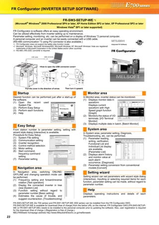 23
FR Configurator (INVERTER SETUP SOFTWARE)
FR Configurator is software offers an easy operating environment.
Can be utilized effectively from inverter setting up to maintenance.
Parameter setting, monitoring, etc. can be performed on a display of Windows *2 personal computer.
A personal computer and an inverter can be easily connected with a USB cable.
(RS-485 communication *3 using PU connector is also available.)
∗1 FR Configurator does not support the safety stop function model.
∗2 Microsoft, Windows, Microsoft Windows2000, Microsoft Windows XP, Microsoft Windows Vista are registered
trademarks of Microsoft Corporation in the United States and/or other countries.
∗3 RS-485⇔RS-232C converter is required.
Desired function can be performed just after a start-up of
the software.
(1) Open the recent used
System File
(2) Perform Easy Setup
(3) Perform each functions
(4) Help
From station number to parameter setting, setting with
wizard style dialog (interactive) is available.
Procedure for Easy Setup
(1) System File setting
(2) Communication setting
(3) Inverter recognition
(4) Control method selection
(5) Motor setting
(6) Start command,
frequency command
setting
(7) Parameter setting
In Navigation area, switching ONLINE/
OFFLINE and changing operation mode can
be performed.
(1) Frequency setting and forward/reverse
rotation [Test operation]
(2) Display the connected inverter in tree
view [System List]
(3) Function setting without regard to
parameter number [Basic setting]
(4) Estimates the cause of trouble, and
suggest counteraction. [Troubleshooting]
In Monitor area, inverter status can be monitored.
(1) Displays monitor data in
waveform
Displays current
waveform with High
Speed graph function
[Graph]
(2) Monitors the status of I/O
terminals. [I/O Terminal
Monitor]
(3) Displays multiple data in batch. [Batch Monitor]
In System area, parameter setting, Diagnosis,
Troubleshooting, etc. can be performed.
(1) Parameter reading,
writing, verification,
Functional List and
Individual List display
are available.
[Parameter List]
(2) Displays alarm history
and monitor value at
each alarm
occurrence. [Diagnosis]
(3) Parameter setting conversion from conventional
models [Convert]
Setting wizard can set parameters with wizard style dialog
(interactive). Inputting or selecting required items for each
function, parameter setting can be made, without regard to
parameter number.
Displays operating instructions and details of each
parameters.
FR-SW3-SETUP-WE (for 700 series) and FR-SW1-SETUP-WE (500 series) can be installed from the FR Configurator SW3.
FR-SW3-SETUP-WE is available for download (free of charge) from the below URL on the internet. FR Configurator SW3 (FR-SW3-SETUP-
WE or FR-SW1-SETUP-WE) needs to be installed to the personal computer prior to updating the software. Also, user registration is required
for the download (free of charge.) (Registration is free of charge.)
MELFANSweb homepage address http://www.MitsubishiElectric.co.jp/melfansweb
FR-SW3-SETUP-WE *1
(Microsoft®
Windows®
2000 Professional SP4 or later, XP Home Edition SP2 or later, XP Professional SP2 or later
Windows Vista®
SP1 or later supported)
USB cable USB connector
<How to open the USB connector cover>
Pull the cover in the direction of arrow. Then turn it upward.
Startup
Easy Setup
Navigation area
Monitor area
System area
Setting wizard
Help
 