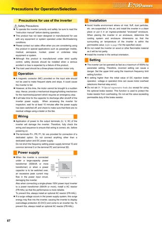 67
Precautions for Operation/Selection
Safety Precautions
To operate the inverter correctly and safely, be sure to read the
"instruction manual" before starting operation.
This product has not been designed or manufactured for use
with any equipment or system operated under life-threatening
conditions.
Please contact our sales office when you are considering using
this product in special applications such as passenger mobile,
medical, aerospace, nuclear, power or undersea relay
equipment or system.
Although this product is manufactured under strict quality
control, safety devices should be installed when a serious
accident or loss is expected by a failure of this product.
The load used should be a three-phase induction motor only.
A magnetic contactor (MC) provided on the input side should
not be used to make frequent starts and stops. It could cause
the inverter to fail.
However, at this time, the motor cannot be brought to a sudden
stop. Hence, provide a mechanical stopping/holding mechanism
for the machine/equipment which requires an emergency stop.
It will take time for the capacitor to discharge after shutoff of the
inverter power supply. When accessing the inverter for
inspection, wait for at least 10 minutes after the power supply
has been switched off, and check to make sure that there are no
residual voltage using a tester or the like.
Application of power to the output terminals (U, V, W) of the
inverter will damage the inverter. Therefore, fully check the
wiring and sequence to ensure that wiring is correct, etc. before
powering on.
The terminals P/+, PR, P1, N/- are provided for connection of a
dedicated option. Do not connect anything other than a
dedicated option and DC power supply.
Do not short the frequency setting power supply terminal 10 and
common terminal 5 or the terminal PC and terminal SD.
When the inverter is connected
under a large-capacity power
transformer (500kVA or more
transformer) or when a power
capacitor is to be switched over,
an excessive peak current may
flow in the power input circuit,
damaging the inverter.
Also when connecting a single-phase 100V power input inverter
to a power transformer (50kVA or more), install a AC reactor
(FR-HAL) so that the performance is more reliable.
To prevent this, always install an optional AC reactor (FR-HAL).
If a surge voltage occurs in the power supply system, this surge
energy may flow into the inverter, causing the inverter to display
overvoltage protection (E.OV ) and come to an inverter trip. To
prevent this, always install an optional AC reactor (FR-HAL).
Avoid hostile environment where oil mist, fluff, dust particles,
etc. are suspended in the air, and install the inverter in a clean
place or put it in an ingress-protected "enclosed" enclosure.
When placing the inverter in an enclosure, determine the
cooling system and enclosure dimensions so that the
surrounding air temperature of the inverter is within the
permissible value. (refer to page 9 for the specified value)
Do not install the inverter on wood or other flammable material
as it will be hot partly.
Install the inverter in the vertical orientation.
The inverter can be operated as fast as a maximum of 400Hz by
parameter setting. Therefore, incorrect setting can cause a
danger. Set the upper limit using the maximum frequency limit
setting function.
A setting higher than the initial value of DC injection brake
operation voltage or operation time can cause motor overheat
(electronic thermal relay error).
Do not set Pr. 70 Special regenerative brake duty except for using
the optional brake resistor. This function is used to protect the
brake resistor from overheating. Do not set the value exceeding
permissible duty of the brake resistor.
Precautions for use of the inverter
Operation
Wiring
Power supply
500
0
1000
1500
Range
requiring
installation
of the reactor
10Wiring length (m)
Power
supply
system
capacity
(kVA)
Installation
Setting
 