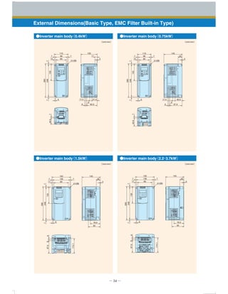─ 34 ─
External Dimensions(Basic Type, EMC Filter Built-in Type)
●Inverter main body（0.4kW） ●Inverter main body（0.75kW）
●Inverter main body（1.5kW） ●Inverter main body（2.2・3.7kW）
110 130
41.517.4
82.98
8
17
3
130
246
260
77
48.67
96
8015
7 7
6
2 Ø6
110 145
17.4
97.98
8
32
130
246
260
77
7
96
8015
7 7
6
2 Ø6
3
56.5
63.6
77
114.1
97.988130
246
260
150
136
8017
2 Ø6
145
78.9
95
32
3
6
77
77
114.1
97.988130
246
260
150
136
8017
2 Ø6
145
78.9
95
32
3
6
77
［Unit：mm］［Unit：mm］
［Unit：mm］［Unit：mm］
 
