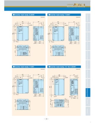 Maximum Engineering for Global Advantage
CharacteristicsModelVariationsStandardSpecificationsKeypadOperationsInverterSupportLoaderBasicWiringDiagramCommonSpecificationsExternalDimensionsFunctionSettingsWarrantyVariations
─ 35 ─
●Inverter main body（5.5kW） ●Inverter main body（7.5kW）
●Inverter main body（11kW） ●Inverter main body（15・18.5・22kW）
195220
196
80
12
27
12
10
90
10
2 Ø10
1111
130
238
260
138.7
145.728
9
88147.5
144.53
220
196
80
12
27
12
10
90
10
2 Ø10
1111
130
238
260
138.7
145.723
9
88147.5
144.53
195
220
196
80
12
27
12
10
90
10
2 Ø10
1111
130
238
260
138.7
145.728
9
88147.5
144.53
195
1212
27 80
226
250
2 Ø10
10
1111
130
378
400
104
150.488
18.7
15.5
12118.7
10
90
195
136.5
163.9
16.5
［Unit：mm］［Unit：mm］
［Unit：mm］［Unit：mm］
 