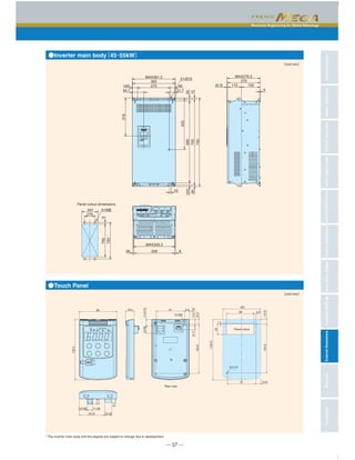 Maximum Engineering for Global Advantage
CharacteristicsModelVariationsStandardSpecificationsKeypadOperationsInverterSupportLoaderBasicWiringDiagramCommonSpecificationsExternalDimensionsFunctionSettingsWarrantyVariations
─ 37 ─
●Touch Panel
●Inverter main body（45・55kW）
* The inverter main body and the keypad are subject to change due to development.
339 8(8)
40
MAX361.2
355
275
MAX345.2
MAX276.3
270
115 155
433
690
720
25
12
740
319
(25)
(8)
4
(6.3)(40)
94.7 51.7
10
2 Ø10
347
7029
720
275
4 M8
Panel cutout dimensions
［Unit：mm］
［Unit：mm］
18.2
Rear view
Panel cutout
（10.5）
（128.5）
23
1
104.6
4.558
（80）
（9.5）61
2× 4
（16.98）
8.1
11.68
（53.8） 15.24
11.4
80
128.5
61 9.5
2×M3
（13.775）8.17
10.5104.6
15.08（14.615）
 