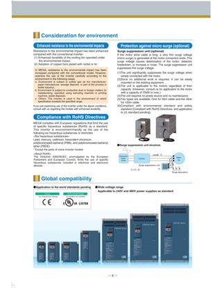 ZL≒ZS＜ZM
ZL
Surge suppression unit
Surge absorption
Commercial
power
source
Inverter
Motor
ZM
ZS
─ 8 ─
If you are examining use of the inverter under the above conditions,
consult with us regarding the models with enhanced durability.
Compliance with RoHS Directives
Enhanced resistance to the environmental impacts Protection against micro surge (optional)
Global compatibility
MEGA complies with European regulations that limit the use
of specific hazardous substances (RoHS) as a standard.
This inverter is environment-friendly as the use of the
following six hazardous substances is restricted.
<Six hazardous substances>
Lead, mercury, cadmium, hexavalent chromium,
polybrominated biphenyl (PBB), and polybrominated biphenyl
ether (PBDE)
* Except the parts of some inverter models
<About RoHS>
The Directive 2002/95/EC, promulgated by the European
Parliament and European Council, limits the use of specific
hazardous substances included in electrical and electronic
devices.
●Wide voltage range
 Applicable to 240V and 480V power supplies as standard
●Application to the world standards pending
Europe North America/Canada
UL standard (cUL certified)EC Directive (CE marking)
●Surge suppression unit structure
If the motor drive cable is long, a very thin surge voltage
(micro surge) is generated at the motor connection ends. This
surge voltage causes deterioration of the motor, dielectric
breakdown, or increase in noise. The surge suppression unit
suppresses this surge voltage.
(1)The unit significantly suppresses the surge voltage when
simply connected with the motor.
(2)Since no additional work is required, it can be easily
mounted on the existing equipment.
(3)The unit is applicable to the motors regardless of their
capacity. (However, consult us for application to the motor
with a capacity of 75kW or over.)
(4)The unit requires no power source and no maintenance.
(5)Two types are available; One for 50m cable and the other
for 100m cable.
(6)Compliant with environmental standard and safety
standard (Compliant with RoHS Directives, and application
to UL standard pending).
Resistance to the environmental impact has been enhanced
compared with the conventional inverter.
(1) Enhanced durability of the cooling fan operated under
the environmental impact
(2) Adoption of copper bars plated with nickel or tin
In MEGA, resistance to the environmental impact has been
increased compared with the conventional model. However,
examine the use of the inverter carefully according to the
environment in the following cases:
a. Environment is subject to sulfide gas (at tire manufacturer,
paper manufacturer, sewage disposer, or part of the process in
textile industry).
b. Environment is subject to conductive dust or foreign matters (in
metalworking, operation using extruding machine or printing
machine, waste disposal).
c. Others: The inverter is used in the environment of which
specification exceeds the specified range.
Consideration for environment
Surge suppression unit (optional)
 