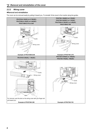 6
Removal and reinstallation of the cover
2.2.2 Wiring cover
Removal and reinstallation
The cover can be removed easily by pulling it toward you. To reinstall, fit the cover to the inverter along the guides.
FR-E720-0.1K(SC) to 0.75K(SC)
FR-E720S-0.1K(SC) to 0.4K(SC)
FR-E710W-0.1K to 0.4K
FR-E720-1.5K(SC) to 3.7K(SC)
FR-E740-0.4K(SC) to 3.7K(SC)
FR-E720S-0.75K(SC) to 2.2K(SC)
FR-E710W-0.75K
Example of FR-E720S-0.4K Example of FR-E740-3.7K
FR-E740-5.5K(SC), 7.5K(SC)
FR-E720-5.5K(SC) to 15K(SC)
FR-E740-11K(SC), 15K(SC)
For removal, push the dent on the wiring cover with your finger and
pull toward you.
Example of FR-E740-5.5K Example of FR-E740-11K
Wiring cover
Guide
Wiring cover
Guide
Wiring cover
Guide
Dent
Guide
Wiring cover
 