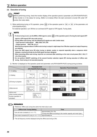 58
Before operation
(3) Execution of tuning
1) When performing tuning or PU operation, press of the operation panel or or of the parameter unit
(FR-PU04/FR-PU07).
For external operation, turn ON the run command (STF signal or STR signal). Tuning starts.
2) Monitor is displayed on the operation panel and parameter unit (FR-PU04/FR-PU07) during tuning as below.
POINT
Before performing tuning, check the monitor display of the operation panel or parameter unit (FR-PU04/FR-PU07)
if the inverter is in the status for tuning. (Refer to 2) below) When the start command is turned ON under V/F
control, the motor starts.
NOTE
To force tuning to end, use the MRS or RES signal or press of the operation panel. (Turning the start signal (STF
signal or STR signal) OFF also ends tuning.)
During offline auto tuning, only the following I/O signals are valid: (initial value)
Input terminal <valid signal> MRS, RES, STF, STR
Output terminal RUN, FM, A, B, C
Note that the progress status of offline auto tuning is output in eight steps from FM when speed and output frequency
are selected.
Since the RUN signal turns ON when tuning is started, caution is required especially when a sequence which
releases a mechanical brake by the RUN signal has been designed.
When executing offline auto tuning, input the run command after switching on the main circuit power (R/L1, S/L2, T/
L3) of the inverter.
Do not perform ON/OFF switching of the second function selection signal (RT) during execution of offline auto
tuning. Auto tuning is not executed properly.
Parameter Unit
(FR-PU04/FR-PU07) Display
Operation Panel Indication
Pr. 96 setting 1 11 1 11
(1) Setting
(2)Tuning in progress
(3)Normal end
(4)Error end
(when inverter protective
function operation is
activated)
REMARKS
Reference: Offline auto tuning time (when the initial value is set)
The set frequency monitor displayed during the offline auto tuning is 0Hz.
STOP PU
1
READ:List
STOP PU
11
READ:List
FWD PU
2
STF
TUNE
FWD PU
12
STF
TUNE
STOP PU
3
STF
TUNE
COMPLETION
STOP PU
13
STF
TUNE
COMPETION
Flickering Flickering
STOP PU
9
STF
TUNE
ERROR
Offline Auto Tuning Setting Time
Tune all motor constants (Pr. 96 = "1")
Approximately 25 to 75s
(Tuning time differs according to the inverter capacity and motor type.)
Tune motor constants (R1) only (Pr. 96 = "11") Approximately 9s
 