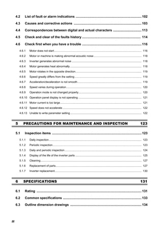 III
4.2 List of fault or alarm indications ........................................................................102
4.3 Causes and corrective actions .......................................................................... 103
4.4 Correspondences between digital and actual characters ...............................113
4.5 Check and clear of the faults history ................................................................ 114
4.6 Check first when you have a trouble .................................................................116
4.6.1 Motor does not start................................................................................................................... 116
4.6.2 Motor or machine is making abnormal acoustic noise............................................................... 118
4.6.3 Inverter generates abnormal noise............................................................................................ 118
4.6.4 Motor generates heat abnormally.............................................................................................. 118
4.6.5 Motor rotates in the opposite direction....................................................................................... 119
4.6.6 Speed greatly differs from the setting........................................................................................ 119
4.6.7 Acceleration/deceleration is not smooth.................................................................................... 119
4.6.8 Speed varies during operation................................................................................................... 120
4.6.9 Operation mode is not changed properly................................................................................... 120
4.6.10 Operation panel display is not operating ................................................................................... 121
4.6.11 Motor current is too large........................................................................................................... 121
4.6.12 Speed does not accelerate........................................................................................................ 122
4.6.13 Unable to write parameter setting.............................................................................................. 122
5 PRECAUTIONS FOR MAINTENANCE AND INSPECTION 123
5.1 Inspection items ..................................................................................................123
5.1.1 Daily inspection.......................................................................................................................... 123
5.1.2 Periodic inspection..................................................................................................................... 123
5.1.3 Daily and periodic inspection..................................................................................................... 124
5.1.4 Display of the life of the inverter parts ....................................................................................... 125
5.1.5 Cleaning..................................................................................................................................... 127
5.1.6 Replacement of parts................................................................................................................. 127
5.1.7 Inverter replacement.................................................................................................................. 130
6 SPECIFICATIONS 131
6.1 Rating ...................................................................................................................131
6.2 Common specifications ......................................................................................133
6.3 Outline dimension drawings .............................................................................. 134
 
