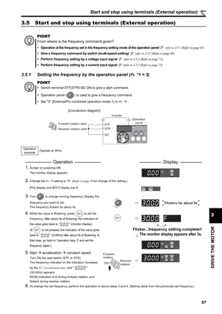 67
DRIVETHEMOTOR
3
Start and stop using terminals (External operation)
3.5 Start and stop using terminals (External operation)
3.5.1 Setting the frequency by the operation panel (Pr. 79 = 3)
POINT
From where is the frequency command given?
Operation at the frequency set in the frequency setting mode of the operation panel refer to 3.5.1 (Refer to page 67)
Give a frequency command by switch (multi-speed setting) refer to 3.5.2 (Refer to page 69)
Perform frequency setting by a voltage input signal refer to 3.5.3 (Refer to page 71)
Perform frequency setting by a current input signal refer to 3.5.5 (Refer to page 73)
POINT
Switch terminal STF(STR)-SD ON to give a start command.
Operation panel ( ) is used to give a frequency command.
Set "3" (External/PU combined operation mode 1) in Pr. 79 .
Operation
example
Operate at 30Hz.
Operation Display
1. Screen at powering ON
The monitor display appears.
2. Change the Pr. 79 setting to "3". (Refer to page 39 for change of the setting.)
[PU] display and [EXT] display are lit.
3. Turn to change running frequency. Display the
frequency you want to set.
The frequency flickers for about 5s.
4. While the value is flickering, press to set the
frequency. After about 3s of flickering, the indication of
the value goes back to " " (monitor display).
(If is not pressed, the indication of the value goes
back to " " (0.00Hz) after about 5s of flickering. In
that case, go back to "operation step 3" and set the
frequency again.)
Flicker...frequency setting complete!!
The monitor display appears after 3s.
5. Start acceleration constant speed
Turn ON the start switch (STF or STR).
The frequency indicated on the indication increases
by the Pr.7 Acceleration time, and " "
(30.00Hz) appears.
[RUN] indication is lit during forward rotation, and
flickers during reverse rotation.
6. To change the set frequency, perform the operation in above steps 3 and 4. (Setting starts from the previously set frequency.)
SD
STF
STR
Inverter
Operation
panelForward rotation start
Reverse rotation start
[Connection diagram]
Flickers for about 5s
Forward
rotation
Reverse
rotationON
 