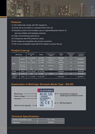 Features
Product Line-up
Explanation of Markings (Example Model Type : BH-D6)
(1) All models fully comply with IEC regulations
(2) Units can be mounted on a standard 35mm IEC rail
(3) Residual current circuit breakers use an original Mitsubishi Electric IC
securing reliable earth-leakage protection
(4) High current-limiting performance
(5) Compliance with IP2X protection rating
(6) All models are compatible with reverse connection
(7) DC circuit-compatible model (BH-D10) added to product line-up
MCB
RCCB
RCBO
Isolating
Switch
BH-D6
BH-D10
BH-D10
(For DC)
BH-DN
BV-D
BV-DN
KB-D
Model type
1, 2, 3, 4(3+N)
1+N
1, 2, 3, 4(3+N)
1
2
1+N
2(1+N), 4(3+N)
1+N
1, 2, 3, 4(3+N)
No of poles
(P)
0.5∼63A
0.5∼40A
0.5∼63A
0.5∼63A
6∼20A
25, 40, 63A
6∼40A
32, 63, 80A
Rating
TYPE B, C, D
TYPE B, C
TYPE B, C, D
TYPE B, C
TYPE C
-
TYPE C
-
Instantaneous
tripping
230/400AC
230AC
230/400AC
125DC
250DC
230AC
230/400AC
230AC
230/400AC
Voltage
(V)
6
10
10
4.5
-
4.5
-
Short-Circuit
capacity
(kA)
IEC60898-1
IEC60898-1
IEC60898-2
IEC60898-1
IEC61008
IEC61009
IEC60947-3
Compliance
standard
Technical Specifications
Ambient temperature range
Frequency
-10 ~ +40℃
50/60Hz
3
Model type
Rated voltage
Standard
Short-circuit capacity
Instantaneous tripping
model type and Rated current
Wiring diagram
 