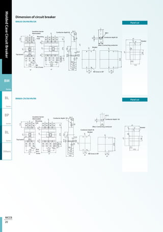 MCCB
20
MoldedCaseCircuitBreaker
BM
Series
BL
Series
BP
Series
BL
Series
Others
Dimension of circuit breaker
BM630-SN/HN/RN/UN
BM800-CN/SN/HN/RN
Panel cut
Panel cut
Insulation barrier
(Removable)
Mounting
hole
Trip button
Ø14
M12
Screw M6 Screw or Ø7
(Max.) Connecting conductor
Breaker
Breaker
Conductor depth:8t
Conductor depth:10t
Conductor depth:10t
Insulation barrier
(Removable)
Mounting
hole
Trip button
Ø4
M12 Screw
M6 Screw or Ø7
Ø8.5
(Max.) Connecting conductor
Breaker
Breaker
Conductor depth:8t
Conductor depth:8t
 
