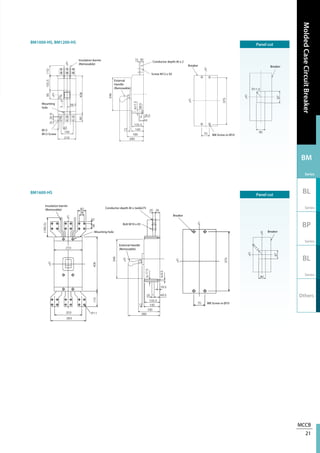 MCCB
21
MoldedCaseCircuitBreaker
BM
Series
BL
Series
BP
Series
BL
Series
Others
BM1000-HS, BM1200-HS
BM1600-HS
Panel cut
Panel cut
Mounting
hole
Ø13
M12 Screw
Screw M12 x 50
Insulation barrier
(Removable)
External
Handle
(Removable)
Conductor depth:8t x 2
Breaker Breaker
M8 Screw or Ø10
Insulation barrier
(Removable)
Breaker
Breaker
M8 Screw or Ø10
Conductor depth:8t x (wide)75
Mounting hole
Bolt M10 x 65
External Handle
(Removable)
 
