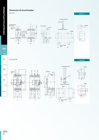 MCCB
22
MoldedCaseCircuitBreaker
BM
Series
BL
Series
BP
Series
BL
Series
Others
Dimension of circuit breaker
BL50-SN
BL100-SN/HN
Panel cut
Panel cut
Insulation barrier
(Removable)
Mounting
hole
Trip button
M4 x 0.7 Screw
or Ø5
Current Adj
Trip time Adj
Leakage
Indicator
Test Button
Conductor depth:6t
(Max.)
Connecting conductor
Breaker
Breaker
Mounting
hole
M4 x 0.7 Screw
or Ø5
M8 Screw
Conductor depth:6t
(Max.)
Connecting conductor
Breaker
Breaker
Breaker
 