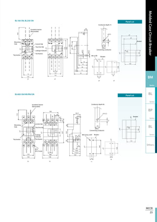 MCCB
23
MoldedCaseCircuitBreaker
BM
Series
BL
Series
BP
Series
BL
Series
Others
BL160-SN, BL250-SN
BL400-SN/HN/RN/UN
Panel cut
Panel cut
Insulation barrier
(Removable)
Mounting
hole
Trip button M4 or Ø5
Current Adj
Trip time Adj
Leakage Indicator
Test Button
Conductor depth:7t
(Max.)
Connecting conductor
Breaker
Breaker
Insulation barrier
(Removable)
Mounting
hole
Trip button
Ø13
M12 Screw
M6 Screw or Ø7
Current Adj
Trip time Adj
Leakage
Indicator
Test Button
Conductor depth:8t
(Max.)
Connecting conductor
Breaker
Breaker
 