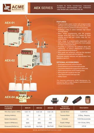 AEX SERIES 
Suitable for ferrite transformers, instrument 
transformers, electromagnetic coils, multisection 
coils, flexi...