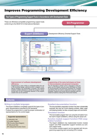 These are Windows-compatible programming support tools
conforming to the IEC61131-3 International Standard.
Improves Programming Development Efficiency
Excellent documentation function
· The documentation preparation function has been substantially
improved. Not only can it print drawing numbers, dates, page,
and drawing borders, but also company logos and comments.
Simulation function
· This tool enables program test runs using the simulation func-
tion built in Expert (D300win), without using the actual unit.
Function module support function/ POD coop-
eration function
· The Expert (D300win) has implemented function module
support and POD cooperation support functions as com-
mon support tools.
· The function module support can be operated with the pro-
gramming supporting tool connecting CPU module.
Improvement of software development
efficiency
Programming in units of POU or worksheets allows the use
of the structured design method by which a program is cre-
ated by dividing it by functionality or process. This method
enables multiple designers to divide the program design
among them so that a substantial reduction in the program
creation time can be achieved.
Programming of the same techniques as those
of microcomputers and personal computers
The ST language is similar to the C language so that pro-
grams can be created using the same techniques as those
of microcomputers and personal computers for complex
calculations that are hard to implement using the Ladder
language. Programs and circuits that are frequently used can
easily be reused by making them FB (function blocks).
Usage
Writing in multiple languages
· The Expert (D300win) completely supports five types of pro-
gram representations specified by the standards.
· It allows the programmer to code the proper combination of
representations for the control target.
Supported representations
IL (Instruction List)
LD (Ladder Diagram)
FBD (Function Block Diagram)
ST (Structured Text)
SFC (Sequential Function Chart)
Features
Development Efficiency Oriented Support ToolsExpert (D300win)
SX-Programmer
TwoTypes of Programming SupportTools in Accordance with Development Style
10
 