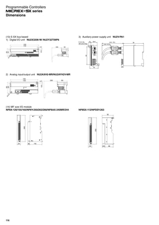 (13) E-SX bus based
1) Digital I/O unit NU2X3206-W/ NU2Y32T09P6
240
60
65
∅
4.5
230
55
4.5
6.5
（69）
2) Analog input/output unit NU2AXH2-MR/NU2AYH2V-MR
∅
4.5
4.5
6.5
60（69）155
165
55
65
3) Auxiliary power supply unit NU2V-PA1
6 mm dia.,
(M4 screw fixing)
10 29.8
85
40
95
10
NU2V-
24 V
OCP_RST
Power
(min: 101)
(min: 42.4)
E-SXBUS
PA1
E-SXBUS
PowerOut
Programmable Controllers
series
116
(14) MF size I/O module
NP8X-120/155/165/NP8Y-250/263/266/NP8AX-340MR/344
Dimensions
NP8SX-113/NPSSY-263
35 68
92
(22)
255
34 28 116
255
 