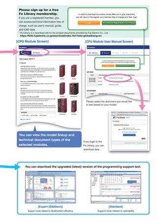 Please sign up for a free
Fe Library membership.
If you are a registered member, you
can access technical information free of
charge, such as user’s manual, guide,
and CAD data.
If you login to the
Fe Library, you can
download data.
Please select the document you would like
to see based on your model.
[CPU Module User Manual Screen][CPU Module Screen]
[Expert (D300win)]
Support tools related to development efficiency
[Standard]
Support tools related to operability
You can download the upgraded (latest) version of the programming support tool.
You can view the model lineup and
technical document types of the
selected modules.
* Fe Library is a download site for the product documents provided by Fuji Electric Co., Ltd.
https://felib.fujielectric.co.jp/download/index.htm?site=global&lang=en
 