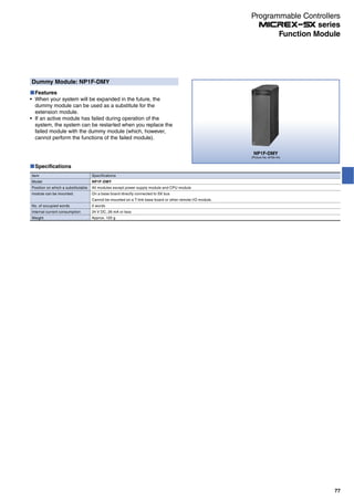 Dummy Module: NP1F-DMY
Features
When your system will be expanded in the future, the
dummy module can be used as a substitute for the
extension module.
If an active module has failed during operation of the
system, the system can be restarted when you replace the
failed module with the dummy module (which, however,
cannot perform the functions of the failed module).
Specifications
Item
Model
Position on which a substitutable
module can be mounted.
No. of occupied words
Internal current consumption
Weight
Specifications
NP1F-DMY
All modules except power supply module and CPU module
On a base board directly connected to SX bus
Cannot be mounted on a T-link base board or other remote I/O module.
0 words
24 V DC, 26 mA or less
Approx. 120 g
NP1F-DMY
(Picture No. AF00-44)
77
Function Module
Programmable Controllers
series
 
