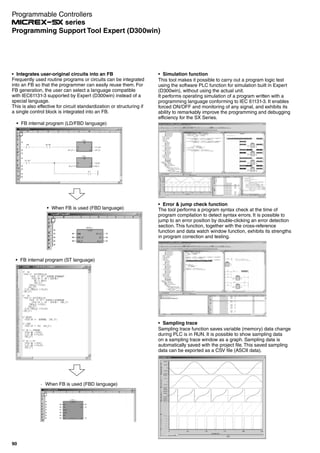Integrates user-original circuits into an FB
Frequently used routine programs or circuits can be integrated
into an FB so that the programmer can easily reuse them. For
FB generation, the user can select a language compatible
with IEC61131-3 supported by Expert (D300win) instead of a
special language.
This is also effective for circuit standardization or structuring if
a single control block is integrated into an FB.
FB internal program (LD/FBD language)
When FB is used (FBD language)
FB internal program (ST language)
· When FB is used (FBD language)
Simulation function
This tool makes it possible to carry out a program logic test
using the software PLC function for simulation built in Expert
(D300win), without using the actual unit.
It performs operating simulation of a program written with a
programming language conforming to IEC 61131-3. It enables
forced ON/OFF and monitoring of any signal, and exhibits its
ability to remarkably improve the programming and debugging
efficiency for the SX Series.
Error & jump check function
The tool performs a program syntax check at the time of
program compilation to detect syntax errors. It is possible to
jump to an error position by double-clicking an error detection
section. This function, together with the cross-reference
function and data watch window function, exhibits its strengths
in program correction and testing.
Sampling trace
Sampling trace function saves variable (memory) data change
during PLC is in RUN. It is possible to show sampling data
on a sampling trace window as a graph. Sampling data is
automatically saved with the project file. This saved sampling
data can be exported as a CSV file (ASCII data).
Programmable Controllers
series
90
Programming Support Tool Expert (D300win)
 