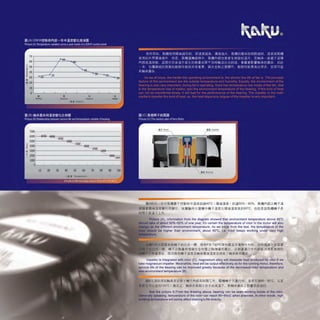 10000 ~~~~~~~~~~~~~~~~~~~
o ~~~~~~~~~~~~~~~~~~~~~~
10 20 30 40 50
l&liAi'liff--~cp/illHf'F~l:l~cp;Xl.1Jmi&l40'C ( ~J.lt)Xi.JI l *~if50% - 60%, lil!ll~lll!Zftf-)li
llU!-AUU.iblilt!llftilii!llft. fl'i'l!f!lllfiliff-iiff'l'fff-)ilfttl.U.ltillilt~~60'C, jg~-i::lHltllllllff f-~
Picture (A), information from the diagram showed that environment temperature above 40'C
Id take of about 50%-60% of one year, it's certain the temperature of rotor in the motor will also
as the different environment temperature. As we know from the test, the temperature of the
ehould be higher than environment, about 60'C, i.e. rotor keeps working under very high
Ci'Ji;i,~Ji,MUH*1i8/iX,-ftl, JJl.l:jP.8.HxPC~tt~;tHPIAA11ttfl ;uCl!l!.HHt1it~W'
c/iX,-U, fff-2Mt•9~8•tt~zM~~ilii~lli. A~~iIH'l'~llB~~-~l:lft~
1~:HliE, lliiliil!1tfllfff-)ilt&fllif<lll.ltillilt.ttli~7flllif<f:!i,!llallli
Impeller is integrated with rotor (C), magnesium alloy will dissipate heat produced by rotor if we
take magnesium impeller. Meanwhile, heat will be output effectively as for the running motor, therefore,
service life of the bearing can be improved greatly because of the decreased rotor temperature a nd
also environment temperature (8).
ii;8ii) illiM':ill~Uf!llif<*3<~Tfff-~llB~~r.nf'F il!lllfff-T'iiiJ'I'' )ilfii)j!80 - 90'C, tE:!:i:
~ iiH::(ii?E1J120°c ! ~e;;Z, f!llif<'l);~Jlllif'FHtiWiiliT, f,Jfilii11Bill>z!il'~ii1H~~
See the picture 8,From the drawing above, bearing can be seen working inside of the rotor.
e rally speaking, temperature of the rotor can reach 80-90oC when powered, in other words, high
working temperature will surely affect bearing's life directly.
 