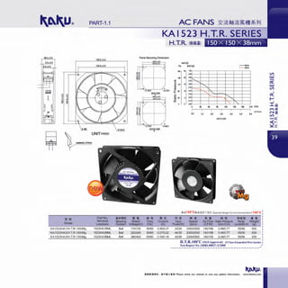 PART-1.1
38.o.o.5
4.o.o.3
8-MS
150.0•0.5
134.9•0.5
~ UNIT=mm
~
ll:1 !lit Part No.
Tenninal
Model Leadwire
KA1523HA1/H.T.R.100/Mg 1523HA1BML
KA1523HA2/H.T.R.100/Mg 1523HA2BML
KA1523HA3/H.T.R.100/Mg 1523HA3BML
flliMUJ
Bearing
System
Ball
Ball
Ball
KAI 523 H.T.R. SERIES
H.T.R. (iti!iiID
Panel Mounting Dimension
•II!
Rated
Voltage(V)
1101120
2201240
3801400
Ml $
·~Freq Current
(Hz) (A)
50/60 0.4510.37
50160 0.2710.22
50/60 0.1910.16
,.. 1m.----r---r---,---.---,---,----,
'"~
~ 147 1
"'.,
a: "0
•0>>---+---+---t---t---t---+---<
O.Olf - -.P..,--t--+---+---t---t---1
·~.,__-+-~""'.+---t---t---t---+---<
:; 49
(ii
:;~===:::::~,=~~=~~~"-~===:===:===:' •~ f---f---t-"-"-=i=-~..,+-~<"+-~--+--1
0 ::~===:===~===~===~~===:,=:::::=:::0 30 fiO 90 120 150 180 210 CfM
m,lmin
0.0 1.0 2.0 lO 4.0 5.0 6.0
AJRFLOW
•lll100°Clll!l>i1!!1'1lt!t Special design for environmen1al of 100°C
I1J $ • ii Ii.. till! PIHtfl
••Input Speed Air Flow Static Pressure Noise Weitt
Power(W) (rpm) (CFM) (inch-H,0) Level(dB-A) (g
43/34 2300/2500 1401168 0.48/0.77 55156 630
44/35 2300/2500 1401168 0.48/0.77 55156 630
45136 2300/2500 1401168 0.48/0.77 55156 630
H.T.R.1OO'C (SGS Approval) (F Class Enamelled Wire Inside)
Test Report No.:SHRL80027-212008
----------------------------------
•lilt!lli1&P. . MTlllll..t•&ll! Please check our website in case any update information. www.shkaku.com
J
 