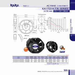 PART-1.1
38.0t0.5
32t0.3
32t0.3
!!~
Model
KA1723HA1/H.T.R.100(1P55)/Mg
KA1723HA2/H.T.R.100(1P55)/Mg
KA1723HA3/H.T.R.100(1P55)/Mg
172.0t0.5
162.0t0.5
Part No .
Temiinal
Leadwire
1723HA1BML
1723HA2BML
1723HA3BML
llliUljjlJ •II!
Bearing Rated
System Voltage(V)
Ball 110/120
Ball 2201240
Ball 380/400
KAI 723 H.T.R. SERIES
H.T.R. (itifi!i51l
Panel Mounting Dimension
Ml $
Freq
(Hz)
50/60
50/60
50/60
~
.
·~Current
(A)
0.4510.37
0.27/0.22
0.19/0.16
.......,.,
P1 lncMt,O
1 .00~-~-~-~-~-~-~~
~
o.::
ijl 1 0
(/) ~
!'-...
Q)
"'ct ,, 1 o.-
"'-.2
---a; I.
iii -- "' I"'.
5
,-
~'
000
0 30 60 90 120 150 180 210 CfM
~-~-~--~-~-~~~
0.0 1.0 2.0 3.0 4.0 5.0 6.0 ml'lrin
AIRFLOW
•lll100°Clll!l>i1!!1'1lttt Special design for environmental of 100°C
Jjj$ .. i! Ii.. till! PIHtfl
••Input Speed Air Flow Static Pressure Noise Weit!
Pcmer0N) (rpm) (CFM) (inch-H,0) Level(dB-A) (g
43134 230012500 140/168 0.48/0.77 55156 630
44/35 230012500 1401168 0.4810.77 55156 630
45136 2300/2500 140/168 0.48/0.77 55156 630
H.T.R.1OO'C (SGS Approval) (F Cla5$ Enamelled Wire Inside)
Test Report No.:SHRL80027-2/2008 J
----------------------------------
•lilt!lli1&P. . MTlllll..t•&ll! Please check our website in case any update information. www.shkaku.com
 