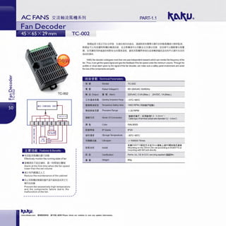 L.
Q)
""O
0
u
Q)
o~
c:9
rou
u..1-
I
PART-1.1
TC-002
TC-002
::E~ rJJ~ Features & Benefits
• l'lXi~~lillll!fr.JiifiM~!t!i
Effectively monitor the running state of fan
• ~ffj!fl:'f~lt'.lEiiiPi¥. M-P;¥r.,~~:±l'i'~
Alarm at the first time when the fan speed
lower than the set volume
O U'ffiPi*liaz;._I
Reduce the maintenance of the cabinet
• ll1;tl:~Jillll!~~lliilJ~ti'Piil'l7t~~i§~Jt'i?:Ji
Hf*l'r.J~l!l
Prevent the excessivel y high temperature
and the components failure due to the
malfunction of the fa n.
----------------------- -//
I
Wl~;t£-F1®1'.:l'ill'H:li1!~t ':Elil'r.J~M~1lHli. l!!i&lf.J!Hi11U<QJifff*A11~~Jillllj!HHii!¥!lli5~1J.
M~;tOJi::.t'l'iXill~Jilllll'r.Jffl!iJl.ldl. .J:Hif.Jffl!li':±l'i'Jlli.~Hl.!iHl:±lf~lt'I. ~~f8~0Ji::.t!IHJJV7't~¥
H. 11tilii111iemmfiiU:iJl'~f.!3i'~fr.JJ.JJtil'ili. l2t~~m11u~ttillf1i11'1ltffl!fiiiltia~ffif'l7iHi*~Xiilii
ia~l'r.JjJI~.
KAKU fan decoder undergoesmore than one year independentresearch.which can monrtor the frequency ofthe
fan. Thus,rt can get the speed signal and give the feedbad< rrthe fan speed under the minimum volume. Through the
audible or visual alaim given by the signal of the fan decode<, can make sure a safety panel environment and avoid
the lossofthe components and parts.
•i1Ri1 1·1
·"6''¥1
Fiii!9+*
!!:l lt Model TC-002
• !J! Rated Voltage(V) 90-264VAC 50/60Hz
M :±l Output 11' '8 Alaim 220VAC, 0.SA(Max.) 24VDC , 1A(Max.)
Ift5iliiii:lll Operating TemperatureRooge -10"C-65'C
11''8MiU2:iE Temperature Setting Value 1800 RPM (OJ~~)
mfll!iUelll Precision Range ± 20 RPM
Mode OfConnection
MUlil'.ill'f I * lll*l~0.2 - 0.Smm'>
Cable type of temiinal (adopt wire diameter 0.2- 0.Smm')
llli fg Color RAL9005
ltl;llW*li IP Grade IP20
f.H~illf Storage Temperature -30"C-85'C
OJlllJllll;xty Lrre-span >100000 Times
~l*EN6071 51ill:;E/l-t:(f35mmllUJi.J:.s!M5tltil!iiil'.itll
3i:'Rt5i'. Install Mounting on the 35mm Din rail according to En60715 or
mounting with M5 bolt directly
Certification RoHs; UL, CE & CCC are bing applied (IUiE<j>)
Weight 60g
www.shkaku.com •liftlftllfll. tlTMll...t:•• ! Please check our website in cue any update information.
 