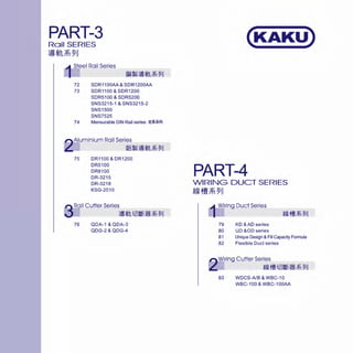 PART-3
Rail SERIES
~'1L*91J
1Steel Rail Series
72 SDR1100AA& SDR1200AA
73 SDR1100&SDR1200
SDR5100 & SDR5200
SNS3215-1 & SNS3215-2
SNS1500
SNS7525
74 Mensurable DIN Rail series ~lUi~J
()Aluminium Rail Series
!£ i8~Vl'1L*9U
75 DR1100 & DR1200
DR5100
DR8100
DR-3215
DR-3218
KSG-2510
qRail Cutter Series
v ~·1Li7JITH*9U
76 QDA- 1 &QDA-3
QDG-2 & QDG-4
(KAKU)
PART-4
WIRING DUCT SERIES
*~m*9U
1Wiring Duct Series
79
80
KD & AD series
UD &OD series
81 Unique Design & Fill Capacity Formula
82 Flexible Duct series
()Wiring Cutter Series
~ *~H!i}] IBtTH*9U
83 WDCS-A/B & WBC-10
WBC-100 & WBC-1 OOAA
 