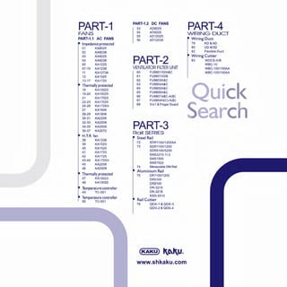 PART-1
FANS
PART-1.1 AC FANS
Impedance protected
01 KA8025
02 KA8038
03 KA9225
04 KA9238
05 KA1225
07-10 KA1238
11 KA12738
12 KA1525
13-17 KA1725
Thermally protected
18 KA15023
19-20 KA15025
21 KA17023
22-23 KA17025
24-26 KA1725/s
27 KA1606
28-29 KA1806
30-31 KA2206
32-33 KA2208
34-35 KA2509
36-37 KA2072
H.T.R fan
38 KA1238
39 KA1523
40 KA1525
41 KA1723
42 KA1725
43-44 KA1725/s
45 KA2206
46 KA2509
Thermally protected
47 KA15023
48 KA15025
Temperature controller
49 TC-001
Temperature controller
50 TC-001
PART-1 .2 DC FANS
53 AD8025
54 AD9225
55 AD12025
56 AD12038
PART-2VENTllATOR FILTER UNIT
60 FU9801/02A&C
61 FU9801/02B
62 FU9803A&C
63 FU9804A&C
64 FU9805A&C
65 FU9806A&C
66 FU9807A&C-A(B)
67 FU9804H(C)-A(B)
69 3 in1 & Finger Guard
PART-3Rail SERIES
Steel Rail
72 SDR1 100/1200AA
73 SDR1100/1200
SDR5100/5200
SNS3215-1/-2
SNS1500
SNS7525
74 Mensurable DIN Rail
Aluminium Rail
75 DR1100/1200
DR5100
DR8100
DR-3215
DR-3218
KSG-2510
Rail Cutter
76 QDA-1 & QDA-3
QDG-2 & QDG-4
(KAKU) lllU..
www.shkaku.com
PART-4WIRING DUCT
Wiring Duct
79 KD &AD
80 UD&OD
82 Flexible Duct
Wiring Cutter
83 WDCS-A/B
WBC-10
WBC-100/1 OOAA
WBC-10011 OOAA
Quick
Search
 