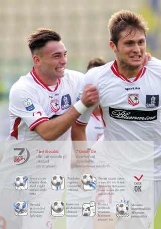 FOOTBALL
48
FFFFFOOOOOOOTTTBBBAAAAALLLLLLLLLLLLLAAAAABBBTBBTTTOOOTTTOOOOOOOOOFFFFOFFFF
444448888888
Resistenza
all’abrasione
Abrasion
resistance
Sfericità
permanente
Permanent
Sphericity
Minima
perdita di
pressione
Minimum
pressure loss
Peso e circon-
ferenza ideali
Ideal weight
and circumfe-
rence
Rimbalzo
regolare
Consistent
rebound
Massima
impermeabilità
Minimum
permeability
Durata (Qualità inaltera-
te dopo 2000 tiri a 50 kmh)
Resistance (Ball qualities
remain constant after 2000
kicks at 50 kmh)
7 test di qualità
effettuati secondo gli
standard
internazionali
CHECK
OK
7 Quality Test
is carried out
according to
international standards
SEVEN
QUALITY
TETETEESTSTSTT
 