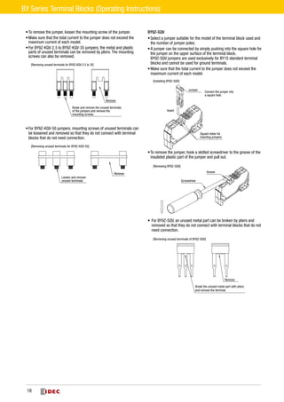 •	To remove the jumper, loosen the mounting screw of the jumper.
•	Make sure that the total current to the jumper does not exceed the
maximum current of each model.
•	For BY9Z-KQV-2.5 to BY9Z-KQV-35 jumpers, the metal and plastic
parts of unused terminals can be removed by pliers. The mounting
screws can also be removed.
Break and remove the unused terminals
of the jumpers and remove the
mounting screws.
[Removing unused terminals for BY9Z-KQV-2.5 to 35]
Remove
•	For BY9Z-KQV-50 jumpers, mounting screws of unused terminals can
be loosened and removed so that they do not connect with terminal
blocks that do not need connection.
Loosen and remove
unused terminals
[Removing unused terminals for BY9Z-KQV-50]
Remove
BY9Z-SQV
•	Select a jumper suitable for the model of the terminal block used and
the number of jumper poles.
•	A jumper can be connected by simply pushing into the square hole for
the jumper on the upper surface of the terminal block.
BY9Z-SQV jumpers are used exclusively for BY1S standard terminal
blocks and cannot be used for ground terminals.
•	Make sure that the total current to the jumper does not exceed the
maximum current of each model.
•	
[Installing BY9Z-SQV]
Jumper
Connect the jumper into
a square hole.
Square holes for
inserting jumpers
Insert
To remove the jumper, hook a slotted screwdriver to the groove of the
insulated plastic part of the jumper and pull out.
Groove
Screwdriver
[Removing BY9Z-SQV]
•	For BY9Z-SQV, an unused metal part can be broken by pliers and
removed so that they do not connect with terminal blocks that do not
need connection.
[Removing unused terminals of BY9Z-SQV]
Break the unused metal part with pliers
and remove the terminal.
Remove
18
BY Series Terminal Blocks (Operating Instructions)
 