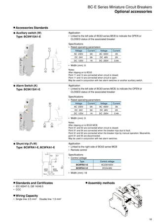 11
OFF
	Accessories Standards
	Standards and Certificates
•	 IEC 60947-5, GB 14048.5
•	 CCC
	Wiring Capacity
•	 Single line: 2.5 mm2
    Double line: 1.5 mm2
	Assembly methods
11
12 14
91
92 94
Application
•	 Linked to the left side of BC63 series MCB to indicate the OPEN or
CLOSED status of the associated breaker
Specifications
•	 Rated operating parameters
Voltage Current Voltage Current
AC  230V 6A AC  400V 3A
DC  24V 6A DC  48V 2A
DC  125V 1A DC  250V 0.4A
•	 Width (mm): 9
Notes:
After clipping on to BC63
Point 11 and 14 are connected when circuit is closed;
Point 11 and 12 are connected when circuit is open.
May be used in conjunction with two alarm switches or another auxiliary switch.
Application
•	 Linked to the left side of BC63 series MCB, to indicate the OPEN or
CLOSED status of the associated breaker
Specifications
•	 Rated operating parameters
Voltage Current Voltage Current
AC  230V 6A AC  400V 3A
DC  24V 6A DC  48V 2A
DC  125V 1A DC  250V 0.4A
•	 Width (mm): 9
Notes:
After clipping on to BC63 MCB,
Point 91 and 92 are connected when circuit is closed;
Point 91 and 94 are connected when the breaker trips due to fault;
Point 91 and 92 are connected when the breaker trips by manual operation. Meanwhile,
point 91 and 94 are disconnected.
May be used in conjunction with two alarm switches.
Application
•	 Linked to the right side of BC63 series MCB
•	 Remote control
Specifications
•	 Control voltage
Type Control voltage
BC9FRA1-E AC230/400V
BC9FKA1-E DC24/48V
•	 Width (mm): 18
BC-E Series Miniature Circuit Breakers
Optional accessories
	Auxiliary switch (W)
	 Type: BC9W1SA1-E
	Alarm Switch (K)
	 Type: BC9K1SA1-E
	Shunt trip (F+W)
	 Type: BC9FRA1-E, BC9FKA1-E
N or -
MCB
closed
MCB
open
L or +
C2 C1
14
12
SB
L1 L2
 