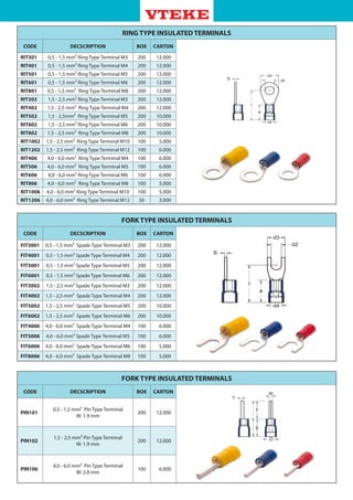 RING TYPE INSULATED TERMINALS
CODE DECSCRIPTION BOX CARTON
RIT301 0,5 - 1,5 mm² Ring Type Terminal M3 200 12.000
RIT401 0,5 - 1,5 mm² Ring Type Terminal M4 200 12.000
RIT501 0,5 - 1,5 mm² Ring Type Terminal M5 200 12.000
RIT601 0,5 - 1,5 mm² Ring Type Terminal M6 200 12.000
RIT801 0,5 - 1,5 mm² Ring Type Terminal M8 200 12.000
RIT302 1,5 - 2,5 mm² Ring Type Terminal M3 200 12.000
RIT402 1,5 - 2,5 mm² Ring Type Terminal M4 200 12.000
RIT502 1,5 - 2,5mm² Ring Type Terminal M5 200 10.000
RIT602 1,5 - 2,5 mm² Ring Type Terminal M6 200 10.000
RIT802 1,5 - 2,5 mm² Ring Type Terminal M8 200 10.000
RIT1002 1,5 - 2,5 mm² Ring Type Terminal M10 100 5.000
RIT1202 1,5 - 2,5 mm² Ring Type Terminal M12 100 6.000
RIT406 4,0 - 6,0 mm² Ring Type Terminal M4 100 6.000
RIT506 4,0 - 6,0 mm² Ring Type Terminal M5 100 6.000
RIT606 4,0 - 6,0 mm² Ring Type Terminal M6 100 6.000
RIT806 4,0 - 6,0 mm² Ring Type Terminal M8 100 5.000
RIT1006 4,0 - 6,0 mm² Ring Type Terminal M10 100 5.000
RIT1206 4,0 - 6,0 mm² Ring Type Terminal M12 50 3.000
FORK TYPE INSULATED TERMINALS
CODE DECSCRIPTION BOX CARTON
FIT3001 0,5 - 1,5 mm² Spade Type Terminal M3 200 12.000
FIT4001 0,5 - 1,5 mm² Spade Type Terminal M4 200 12.000
FIT5001 0,5 - 1,5 mm² Spade Type Terminal M5 200 12.000
FIT6001 0,5 - 1,5 mm² Spade Type Terminal M6 200 12.000
FIT3002 1,5 - 2,5 mm² Spade Type Terminal M3 200 12.000
FIT4002 1,5 - 2,5 mm² Spade Type Terminal M4 200 12.000
FIT5002 1,5 - 2,5 mm² Spade Type Terminal M5 200 10.000
FIT6002 1,5 - 2,5 mm² Spade Type Terminal M6 200 10.000
FIT4006 4,0 - 6,0 mm² Spade Type Terminal M4 100 6.000
FIT5006 4,0 - 6,0 mm² Spade Type Terminal M5 100 6.000
FIT6006 4,0 - 6,0 mm² Spade Type Terminal M6 100 5.000
FIT8006 4,0 - 6,0 mm² Spade Type Terminal M8 100 5.000
FORK TYPE INSULATED TERMINALS
CODE DECSCRIPTION BOX CARTON
PIN101
0,5 - 1,5 mm² Pin Type Terminal
W: 1.9 mm
200 12.000
PIN102
1,5 - 2,5 mm² Pin Type Terminal
W: 1.9 mm
200 12.000
PIN106
4,0 - 6,0 mm² Pin Type Terminal
W: 2.8 mm
100 6.000
 