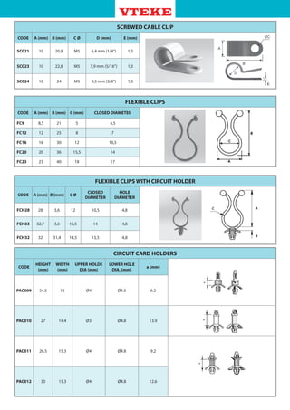 CIRCUIT CARD HOLDERS
CODE
HEIGHT
(mm)
WIDTH
(mm)
UPPER HOLDE
DIA (mm)
LOWER HOLE
DIA. (mm)
a (mm)
PAC009 24.5 15 Ø4 Ø4.5 6.2
PAC010 27 14.4 Ø3 Ø4.8 13.9
PAC011 26.5 15.3 Ø4 Ø4.8 9.2
PAC012 30 15.3 Ø4 Ø4.8 12.6
SCREWED CABLE CLIP
CODE A (mm) B (mm) C Ø D (mm) E (mm)
SCC21 10 20,8 M5 6,4 mm (1/4”) 1,3
SCC23 10 22,8 M5 7,9 mm (5/16”) 1,3
SCC24 10 24 M5 9,5 mm (3/8”) 1,3
FLEXIBLE CLIPS WITH CIRCUIT HOLDER
CODE A (mm) B (mm) C Ø
CLOSED
DIAMETER
HOLE
DIAMETER
FCH28 28 3,6 12 10,5 4,8
FCH33 32,7 3,6 15,5 14 4,8
FCH32 32 31,4 14,5 13,5 4,8
FLEXIBLE CLIPS
CODE A (mm) B (mm) C (mm) CLOSED DIAMETER
FC9 8,5 21 5 4,5
FC12 12 25 8 7
FC16 16 30 12 10,5
FC20 20 36 15,5 14
FC23 23 40 18 17
 