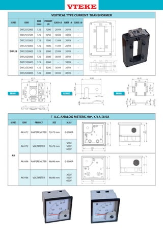 A.C. ANALOG METERS, 90º, X/1A, X/5A
SERIES CODE PRODUCT SIZE SCALE
AK
AK-A72 AMPEREMETER 72x72 mm 0-5000A
AK-V72 VOLTMETER 72x72 mm
300V
500V
600V
AK-A96 AMPEREMETER 96x96 mm 0-5000A
AK-V96 VOLTMETER 96x96 mm
300V
500V
600V
VERTICAL TYPE CURRENT TRANSFORMER
SERIES CODE
HOLE
(mm)
PRIMARY
(A)
CLASS 0.5 CLASS 1.0 CLASS 3.0
DK125
DK12512005 125 1200 20 VA 30 VA -
DK12512505 125 1250 30 VA 30 VA -
DK12515005 125 1500 15 VA 20 VA -
DK12516005 125 1600 15 VA 20 VA -
DK12520005 125 2000 25 VA 30 VA -
DK12525005 125 2500 30 VA 30 VA -
DK12530005 125 3000 - 30 VA -
DK12532005 125 3200 30 VA 30 VA -
DK12540005 125 4000 30 VA 40 VA -
KK0001 KK0002 KK0003
 