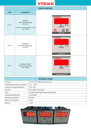 DIGITAL METERS
CODE DESCRIPTION
VK-A72
AMMETER
Measured Input Range
(0.04-5.5A)
Current Transformer Range (.../5A)
(5A-10,000A)
VK-V72
VOLTMETER
Measured Input Range
(10V-600V)
VK-F72
FREQUENCYMETER
Measured Input Range
(20 Hz-400Hz)
TECHNICAL DATA
Accuracy: ±1% (at 10%-100% of the full scale)
Ambient temperature (operation): -5 C ~ +50 C
Ambient Humidity (operation): 15% - 95%
Terminal: Screw type / Spring type
Case: Non-flammable self-extinguishing ABS/PC
Operating Voltage (Un): 150-270VAC
Operating Frequency: 45-65Hz
Power Consumption: <4 VA
Burden: <1 VA
 