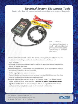 Electrical System Diagnostic Tools
       Quickly solve data link communication issues and perform advanced diagnostics




                                                                                       P/N: CTB-1005-3
                                                                                       The concept of the product is
                                                                                       simple – a breakout box that
                                                                                       provides immediate visibility
                                                                                       and capability for advanced
                                                                                       diagnostics.


• The CAN Test Box (CTB) connects to a vehicle’s OBDII connector. It instantly checks power and ground circuit and
 identifies communication link protocols. It can be used either stand-alone or used with a scan tool
 and/or oscilloscope.
• When a scan tool cannot communicate with the vehicle, or a CAN-Bus system related fault code is registered, this
 tool tells the technician where to look.
• For advanced diagnostics, it connects between a scan tool and the vehicle, and can also connect to an oscilloscope
  for signal capture and collection of signal waveform data.
• Ideal for diagnosing issues on European and Asian cars.
• The tool is a breakout box that provides connection points to all lines in the J1962 OBDII connector, which allows
 connection to individual lines on an OBDII connector easily and securely.
• When the OBDII connector is connected to the car DLC, the LEDs of pins number 4, 5 and 16 should illuminate
 instantly, indicating the grounds and the power input. The LEDs of the terminal pins blink where the Bus
 signals are detected. Identify the communication system of the car and diagnose the Bus signals with your
 oscilloscope simply by inserting the banana jacks into the terminals with the blinking LEDs.




P.O. Box 6177 Lindenhurst IL 60046, USA
www.StrategicTQ.com | Info@StrategicTQ.com
p. +1.847.356.3220 | f. +1.213.402.6687
                                                                                                                       6
 