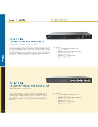 Leyer 2 SWITCH                                                                                 WEB SMAR T SWITCH




    CUS-1916
    16-por t 10/100 Web Smar t switch
    [Home - SMB · Corporate · Government]

    CUS-1916 with a switching fabric of 6.4Gbps and wire-speed forwarding technology                 Key Features
    design provides a high performance switching platform for every demanding network.                   • 16 x 10/100Mbps Auto-MDI/MDIX ports
    CUS-1916 with features like broadcast storm auto-detection and control, port and                     • 6.4Gbps switch fabric
    802.1Q (tag-based) VLAN for network segmentation and security as well as support for                 • Support CONSOLE, web, Telnet management
    port-based QoS to prioritize traffic is an ideal solution for networks needing basic traffic
                                                                                                         • 802.1Q and port-based VLAN
    management. In addition the port-mirroring feature allows network administrators to
                                                                                                         • Broadcast storm control
    monitor traffic and diagnose possible problems on the network.
                                                                                                         • Support 802.1p, port priority QoS
                                                                                                         • Support port mirroring




    CUS-1924
    24-por t 10/100Mbps Web Smar t Switch
    [SMB · Corporate · Government]


    CUS-19124 is a new high performance 10/100 Mbps web-managed CNet switch                          Key Features
    with wire-speed forwarding technology design and a switching fabric of                               • 24 x 10/100Mbps Auto-MDI/MDIX ports
    12.8Gbps. With auto-MDI/MDIX support on all ports, CUS-1924’s installation is                        • 12.8Gbps switch fabric
    plug-n-play and the switch can easily be installed on any network. Accessing the                     • Support CONSOLE, web, Telnet management
    switch from a CONSOLE port, via web or Telnet makes switch configuration an
                                                                                                         • 802.1Q and port-based VLAN
    easy task.
                                                                                                         • Broadcast storm control
                                                                                                         • Support 802.1p, port priority QoS
                                                                                                         • Support port mirroring




6
 