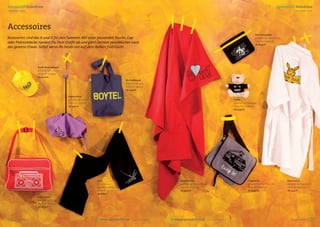 Spreadshirt Kollektion                                                                                                                                                                                Spreadshirt Kollektion
Sommer 2011                                                                                                                                                                                                        Sommer 2011




Accessoires
                                                                                                                                                                                 iPad-Schutzhülle
Accessoires sind das A und O für den Sommer: Mit einer passenden Tasche, Cap                                                                                                     gestaltet von MAHADEVA

oder Picknickdecke rundest Du Dein Outfit ab und gibst Deinem persönlichen Look                                                                                                  Motiv ID: 12989974
                                                                                                                                                                                 ab 28,90 €
das gewisse Etwas. Selbst wenn ihr heute nur auf dem Balkon frühstückt.




                   Flexﬁt Baseballkappe
                   gestaltet von schlodd
                   Motiv ID: 12255947
                   ab 29,40 €
                                                                                      Bio-Stoﬀbeutel
                                                                                      gestaltet von gina
                                                                                      Motiv ID: 7874221
                                                                                      ab 15,40 €

                                           Regenschirm
                                           gestaltet von Mutzii                                                                                              Teddy
                                           Motiv ID: 12332767                                                                                                gestaltet von badbugs
                                           ab 15,90 €                                                                                                        Motiv ID: 13038794
                                                                                                                                                             ab 23,90 €




                                                                  Schal                                         Kuscheldecke                                              Tragetasche                       Bademantel
                                                                  gestaltet von                                 gestaltet von johnandjane                                 gestaltet von GET-THE-CAR         gestaltet von hasenfarm
                                                                  PurpleBlackDesign                             Motiv ID: 6296349                                         Motiv ID: 6880638                 Motiv ID: 13290642
                                                                  Motiv ID: 7933311                             ab 39,40 €                                                ab 29,90 €                        ab 35,40 €
                                                                  ab 26,80 €
                   Retro Tasche
                   gestaltet von no-go
                   Motiv ID: 11652673
                   ab 28,89 €




42 | Accessoires                                                    www.spreadshirt.de      your own label   www.spreadshirt.de             your own label                                                     Accessoires | 43
 