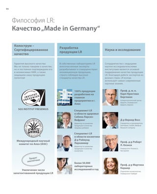 S108V01-K0

S86D

86

Философия LR:
Качество „Made in Germany“
Колострум –
Сертифицированное
качество

Разработка
продукции LR

Гарантия высокого качества:
Мы не только говорим о качестве,
но и постоянно подтверждаем его
в независимых НИИ, а также
защищаем нашу продукцию
патентом!

В собственных лабораториях LR
многочисленные эксперты
разрабатывают и совершенствуют
инновационную продукцию,
строго соблюдая высокие
стандарты качества LR.

100% продукции
разработано на
главном
предприятии в г.
Ален
SGS INSTITUT FRESENIUS

Наука и исследование

Сотрудничество с ведущими
научно-исследовательскими
институтами является основой
поддержания качества продукции
LR. Благодаря работе экспертов из
разных стран, LR всегда
использует самые современные
научные знания.

Проф. д. м. н.
Карл-Кристиан
Бергманн
Аллергологический центр
Шарите, Университет
Шарите, Берлин

Д-р Вернер Восс

Директор по развитию
продукции и качеству
пищевых добавок

Международный научный
комитет по Алоэ (IASC)

Специалист LR
в области здоровья
Сабина ЛарсенВефринг

Учредитель и руководитель
Dermatest® GmbH, Medical
Research Company

Специалист LR
в области косметики
Д-р Раймунд
Лирхаммер
Директор по развитию
продукции и качеству
косметики

Продукт н
патен т о в а
за

Увеличение числа
запатентованной продукции LR

RU_ru_K000_LRC0213_BG_7.indd 86
Coll_02_13_BG08_S099_114_DE.indd 108

Более 50.000
лабораторных
исследований в год

Проф. д-р Роберт
Л. Клэнси
Университет Ньюкасл,
Австралия

Проф. д-р Мартина
Кершер
Отделение косметологии,
Университет Гамбург

24.06.13 15:53
16.05.13 08:17

 