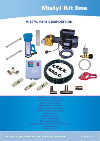 7KHVH PLFUR ZDWHU GURSOHWV PL[ LQVWDQWDQHRXVO ZLWK WKH DLU WKXV IRUPLQJ
D WKHUPDO FXUWDLQ ZKLFK UHIUHVKHV ZLWKRXW ZHWWLQJ
6R WKH WHPSHUDWXUH FDQ EH ORZHUHG XQWLO ƒ GHSHQGLQJ RQ
FLUFXPVWDQFHV
7KH PLVWLQJ LV XVHG IRU 
 2XWGRRU FRROLQJ
 /LYLQJ VWRFN FRQGLWLRQV
 7R LQMHFW SURGXFWV SHUIXPHV GHVLQIHFWLQJ LQVHFWLFLG RGRU WUHDWPHQW 