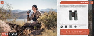 18
athlonoptics.com
BINOCULARS
|
TALOS
G2
HD
PRODUCT FEATURES
TALOS G2 HD
19
PRODUCT SPECIFICATION
MODEL
OBJECTIVE
LENS
DIAMETER
EYE
RELIEF
FOV
ANGULAR
FOV
@1000
YARDS
CLOSE
FOCUS
INTERPUPILLARY
DISTANCE WEIGHT
HEIGHT
X
WIDTH
10x42 mm 42 mm 16.1 mm 6.1 o
319 ft 13.1 ft 56-76 mm 20.8 oz 5.7x5.0"
8x42 mm 42 mm 17.9 mm 7.1 o
371 ft 13.1 ft 56-76 mm 20.8 oz 5.7x5.0"
Blaze your own trail with the Talos HD. Featuring a rugged and lightweight fully sealed and nitrogen purged
composite chassis to brave the elements. Advanced Fully-Multicoated lenses paired with HD lenses provide
optimum light transmission and true color representation unheard of at this price point. Low dispersion HD
Glass significantly reduces chromatic aberration, delivering high clarity, contrast, and resolution. Next time
a ridiculously big buck steps out of the shadows, catch him off guard and turn him into a wall hanger.
Long Eye Relief, Close Focus, Twist Up
Eye-Cups, Tripod Adaptable, Nitrogen
Purged
10 x 42 mm / 8 x 42 mm
BEST
USED
FOR
VISIT THE
PRODUCT
PAGE
 