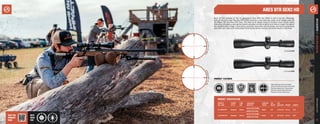 31
athlonoptics.com
RIFLESCOPES
|
ARES
BTR
GEN2
HD
ARES BTR GEN2 HD
PRODUCT FEATURES
30
Built off the success of the 1st generation Ares BTR, the GEN2 is still a top-tier riflescope,
without the price tag. The Ares BTR GEN2 acquires a new stainless steel turret design, just like
the Midas TAC and Ares ETR lines. The new turret design features sharper, more tactile clicks.
Featuring HD glass, a new optical system provides an even brighter and clearer image throughout
the magnification range. A one-piece, precision machined aircraft grade aluminum scope body,
precision zero stop, and impeccable tracking will deliver precise, accurate results in any field.
PRODUCT SPECIFICATION
POWER X
OBJ. LENS
TURRET
STYLE
TUBE
SIZE
AVAILABLE
RETICLES
SURFACE
FINISH
EYE
RELIEF
FOV
@100 YDS WEIGHT LENGTH
2.5-15x50 FFP Exposed 30 mm
APLR4 FFP IR MOA
Matte 3.9” 41.8-6.8 ft 27.3 oz 13.8”
APRS5 FFP IR MIL
4.5-27x50 FFP Exposed 30 mm
APLR4 FFP IR MOA
Matte 3.9” 22.7-3.8 ft 27.3 oz 13.8”
APRS5 FFP IR MIL
High Precision Erector System,
Aircraft Grade Aluminum Tube, Side
Parallax Adjustment, Illuminated
Reticles, Etched Glass Reticles
Exposed Turrets, Waterproof
4.5-27x50 FFP
2.5-15x50 FFP
BEST
USED
FOR
VISIT THE
PRODUCT
PAGE
A
P
L
R
4
F
FP
I
R
M
O
A
A
P
R
S
5
F
F
P
I
R
M
I
L
 