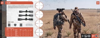 61
60
athlonoptics.com
RIFLESCOPES
|
TALOS
TALOS
PRODUCT FEATURES
PRODUCT SPECIFICATION
POWER X
OBJ. LENS
TURRET
STYLE
TUBE
SIZE
AVAILABLE
RETICLES
SURFACE
FINISH EYE RELIEF
FOV
@100 YDS WEIGHT LENGTH
3-12x40 SFP Capped 1”
BDC 600 IR
Matte 3.8-3.35” 34.1 - 8.9 ft 16.2 oz 12”
CENTER X
MIL-DOT
4-16x40 SFP Capped 1”
BDC 600 IR
Matte 3.8-3.35” 24.1 - 6.3 ft 19.1 oz 12.9”
MIL-DOT
6-24x50 SFP Capped 1”
BDC 600 IR
Matte 3.1-3.0” 16.8 - 4.5 ft 23 oz 13.9”
ATMR1 SFP IR MIL
If you ask any hunter they’ll tell you they have probably filled more tags in the low-light hours
than any other time. The Talos scope with Fully Multi-Coated lenses for clarity and brightness in
low light, you’ll be able to add precious minutes to every hunting day that you’ve worked so hard
for. These scopes, with their 4X magnification range, will give you great versatility whether you are
hunting whitetails in the dense forest or prairie dogs in the wide open ranges.
Aircraft Grade Aluminum Tube,
Side Parallax Adjustment (select
models), Illuminated Etched Glass
Reticles, Non-illuminated reticles
3-12x40 SFP
4-16x40 SFP
6-24x50 SFP
BEST
USED
FOR
VISIT THE
PRODUCT
PAGE
M
I
L
-
D
O
T
A
T
M
R
1
S
F
P
I
R
M
I
L
C
E
N
T
E
R
X
B
D
C
6
0
0
I
R
 