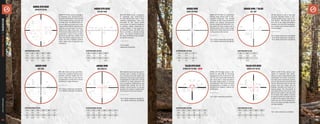 104
athlonoptics.com
RIFLESCOPES
|
RETICLE
SUBTENSIONS
BDC 600A IR reticle can be used ef-
fectively with a variety of firearms
as it provides accurate ranges and
reference marks that can be used to
compensate for bullet drift in windy
conditions or range distances. The
user can sight in at 100 yards on any
magnification setting, but for the
ballistic reticle feature to function
properly, the scope’s magnification
must be set to the correct power.
*for 2-12x42: subtension valid @ 12x
for 4-20x50: subtension valid @ 20x
ARGOS HMR
BDC 600A IR
SUBTENSIONS IN MOA
A1 A2 B1 B2 B3 C1
0.15 0.6 0.8 1 1.2 1.5
C2 C3 C4 C5 C6 D1
3.5 6.25 9.5 13.6 4 1
AHMC SFP IR MOA is a traditional
hunting style reticle with an illu-
minated center-dot. The outside
crosshair is bold, and prominently
stands out against backgrounds
that are tough to differentiate. It ta-
pers down to a fine crosshair with a
floating center-dot to reduce target
obstruction, while drawing your eye
to the center of the reticle.
*for 2-12x42: subtension valid @ 12x
for 4-20x50: subtension valid @ 20x
ARGOS HMR
AHMC SFP MOA
SUBTENSIONS IN MOA
A1 A2 C1
0.25 0.9 2
C2 C3 D1
6.5 13 0.7
ATMR6 SFP IR MOA reticle is de-
signed for fast CQB or mid-range
engagements. The 2 moa center dot
with 20 moa illuminated quartered
half circle aids in rapid acquisition
for close range targets or hunting
and stalking in thick brush. The drop
compensation is suitable for many
standard and magnum calibers out
to 600 yards.
*for 1-4x24: subtension valid @ 4x
TALOS BTR GEN2
ATMR6 SFP IR MOA - NEW
SUBTENSIONS IN MOA
A1 A2 A3 B1 C1 C2
0.45 3.5 2 35 2 2.4
C3 C4 C5 D1 D2
5.6 9.5 14.6 2 23
APMR FFP IR MIL reticle is designed
to maximize your performance on
long and mid-distance shooting with
an illuminated center cross and 0.5
mil hash mark. The APMR IR MIL ret-
icle can help you quickly lock in your
target and set holdover positions and
leads for a moving target. The illumi-
nated 18 mil span cross lines with
0.5 mil hash marks and 0.2 mil hash
marks from 7 mil to 9 mil on three
directions provide finer details that
helps the shooter quickly locate the
target and find a holdover position
within higher level of precision and
confidence.
ARGOS BTR GEN2
APMR FFP IR MIL
SUBTENSIONS IN MIL
A1 A2 B1 B2 B3
0.02 0.4 0.2 0.4 0.3
C1 C2 C3 D1 D2
0.2 0.5 1 0.05 0.1
BLR SFP MOA reticle is designed
to maximize your performance
for both Bench Rest and F-Class
shooting applications. Fine line
thickness of the reticle (0.016
moa) allows for pinpoint precision
at extreme ranges, especially on
smaller targets. A non-illuminat-
ed floating center dot (0.09 moa
thick) provides a precise aiming
point. This reticle combined with
the Argos BTR Rifle Scope provides
the perfect solution.
*for 10-40x56:
subtension valid @ 40x
ARGOS BTR GEN2
BLR SFP MOA
SUBTENSIONS IN MOA
A1 A2 B1 B2
0.016 0.1 0.3 0.5
C1 C2 C3 D1
0.5 1 2 0.09
BDC 600 reticle can be used effec-
tively with a variety of firearms as it
provides accurate ranges and ref-
erence marks that can be used to
compensate for bullet drift in windy
conditions or range distances.
*for 2-12x42: subtension valid @ 12x
for 4-20x50: subtension valid @ 20x
ARGOS HMR
BDC 600
SUBTENSIONS IN MOA
A1 A2 B1 B2 B3 C1
0.3 0.8 0.8 1 1.2 1.5
C2 C3 C4 C5 C6 D1
3.5 6.25 9.5 13.6 2 1
Mil-Dot reticle is one of the most
accurate, versatile means of esti-
mating ranges using a manual op-
tical device. The MIL-DOT allows
the user to do range estimations,
holdover and wind drift compensa-
tion as well as for precise leads for
moving targets.
*for 4-20x50: subtension valid @ 20x
for 3-12x40: subtension valid @ 12x
for 4-16x40: subtension valid @ 16x
ARGOS HMR / TALOS
MIL-DOT
SUBTENSIONS IN MIL
A1 A2 C1
0.05 0.25 0.75
C2 D1
1 0.25
AHSR 14 SFP IR MIL reticle is de-
signed to maximize your perfor-
mance on short range shooting with
illuminated 1 mil center cross and 1
mil hash mark increments extend-
ed to 8 mils on both horizontal and
vertical directions and can help you
quickly spot your target and set
holdover positions and leads for a
moving target. The illuminated 16
mil center with an 1 mil center cross
(0.5 mil from center to the side) and
10 mil black lines enable a shooter
to quickly locate the target and put
it right on the center cross within a
blink of an eye. The illuminated por-
tion of the reticle provides excellent
low light visibility.
*for 1-4x24: subtension valid @ 4x
TALOS BTR GEN2
AHSR14 SFP IR MIL
SUBTENSIONS IN MIL
A1 A2 B1 B2 B3
0.13 1 0.5 1 2
C1 C2 C3 C4
1 2 2 5
105
 