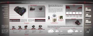 ELEVATION ADJUSTMENT
LED APERTURE
WINDAGE ADJUSTMENT
BATTERY CAP
PROTECTIVE HOOD
DIGITAL SWITCH
OBJECTIVE LENS
Sightmark takes pride in
developing a full range
of reflex sights to answer
the individual needs of
end users.
The wide variety of
different-sized reflex
sights ensures maximum
comfort and efficiency,
depending on the
shooter’s rifle choice.
Reticles are measured in MOA to specify the amount of target the reticle covers at 100 meters and can come in different designs
and sizes. The reticle coverage increases as the distance to target is increased and vice versa. This is important to remember so
the right reticle is picked for your application.
Some sights include mounts that
allow for absolute co-witness with
back-up iron sights.
4 MOA
BEST FOR CLOSE RANGE
2 MOA
BEST FOR LONG RANGE
1 MOA = 1 in at 100 yards = 2,91 cm at 100 meters
45 meters 45 meters
91 meters 91 meters
182 meters 182 meters
REFLECTIVE LENS
ETCHED METAL DIAPHRAGM
LIGHT EMITTING DIODE
OPTICAL DESIGN
IMAGING SYSTEM
28 29
 