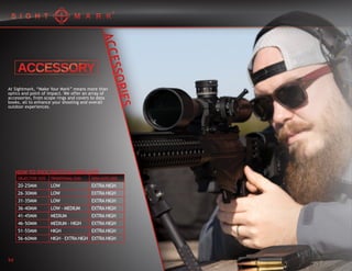 OBJECTIVE SIZE
20-25MM
26-30MM
31-35MM
36-40MM
41-45MM
46-50MM
51-55MM
56-60MM
TRADITIONAL GUN
LOW
LOW
LOW
LOW - MEDIUM
MEDIUM
MEDIUM - HIGH
HIGH
HIGH - EXTRAHIGH
SEMI-AUTO MSR
EXTRA HIGH
EXTRA HIGH
EXTRA HIGH
EXTRA HIGH
EXTRA HIGH
EXTRA HIGH
EXTRA HIGH
EXTRA HIGH
HOW TO PICK TACTICAL RING SIZE
At Sightmark, “Make Your Mark” means more than
optics and point of impact. We offer an array of
accessories, from scope rings and covers to data
books, all to enhance your shooting and overall
outdoor experiences.
54
 