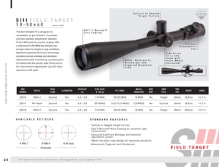 F I E L D T A R G E T
3 0 m m T U B E
S I I I
1 0 - 5 0 x 6 0
S T A N D A R D F E A T U R E S
A V A I L A B L E R E T I C L E S
The SIII 10-50x60 FT is designed for
competitive air gun shooters. It provides
precision parallax adjustments between
10 and 300 yards for precise ranging. With
a total travel of 50 MOA the shooter has
enough travel for targets in any conditions.
Sightron’s patented ExacTrack technology
provides precise windage and elevation
adjustments while maintaining a positive point
of contact with the erector tube. From zero to
the most extreme adjustments, you will never
experience drift again.
IR MOA-H
IR MOA-2 IR Mil-Hash
Illuminated
• Tactical or Capped Target Turrets
• Zact-7 Revcoat® Multi-Coating for excellent light
transmission
• Exclusive ExacTrack Windage and Elevation
adjustment system
• 30mm one-piece tube design for maximum durability
• Waterproof, Fogproof, and Shockproof
PART
NUMBER
RETICLE
FOCAL
PLANE
ILLUMINATION
EYE RELIEF
(in)
CLICK VALUE
@ 100 yds
W/E TRAVEL
MIN Per
REVOLUTION
ZERO
STOP
KNOB
STYLE
TUBE
SIZE
WEIGHT LENGTH
25010 MOA-2 Second Yes 4.5 - 3.8 1/8 MOA 50/50 MOA 10 MOA No Target 30mm 30.8 oz 16.9 in
25011 Mil-Hash Second Yes 4.5 - 3.8 .05 MRAD 14.5/14.5 MRAD 2.5 MRAD No Tactical 30mm 30.8 oz 16.9 in
25018 MOA-H Second Yes 4.5 - 3.8 1/8 MOA 50/50 MOA 10 MOA No Target 30mm 30.8 oz 16.9 in
F I E L D T A R G E T
Z A C T - 7 R e v c o a t ®
L e n s C o a t i n g
S i d e F o c u s
1 0 t o 3 0 0
Y a r d s w / 5 ”
F o c u s W h e e l
( I n c l u d e d )
1 1 - L e v e l
I l l u m i n a t i o n
D i a l
T a c t i c a l o r C a p p e d
T a r g e t T u r r e t s
3 0 m m , W a t e r p r o o f ,
S h o c k p r o o f a n d
F o g p r o o f A l u m i n u m
T u b e
2 0 F o r d e t a i l e d r e t i c l e i n f o r m a t i o n , s e e p a g e 4 2 o r v i s i t S i g h t r o n . c o m
S
I
G
H
T
R
O
N
P
R
E
C
I
S
I
O
N
O
P
T
I
C
S
 
